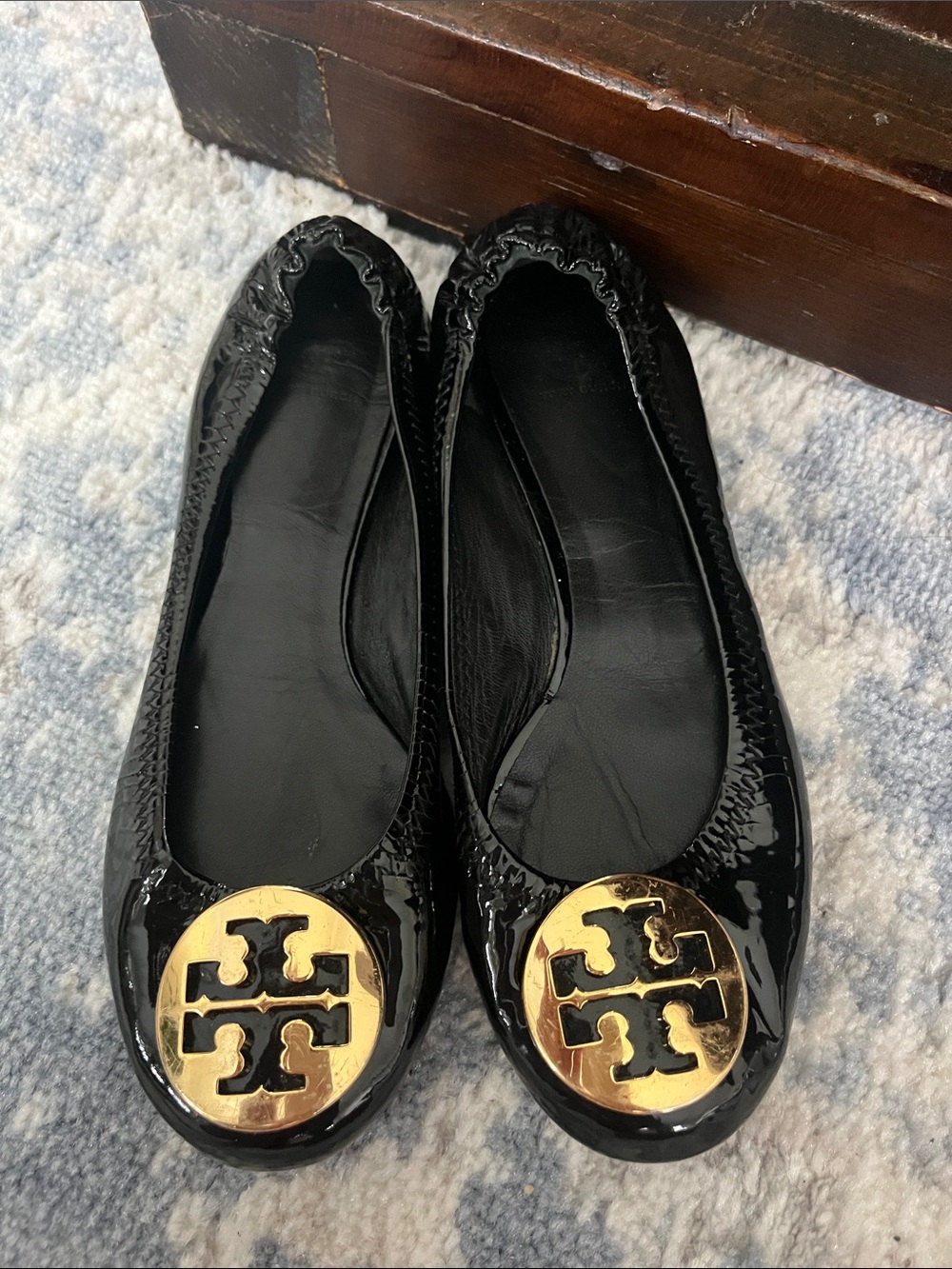 Tory Burch Black Patent Ballet Flats with Gold Logo Medallion